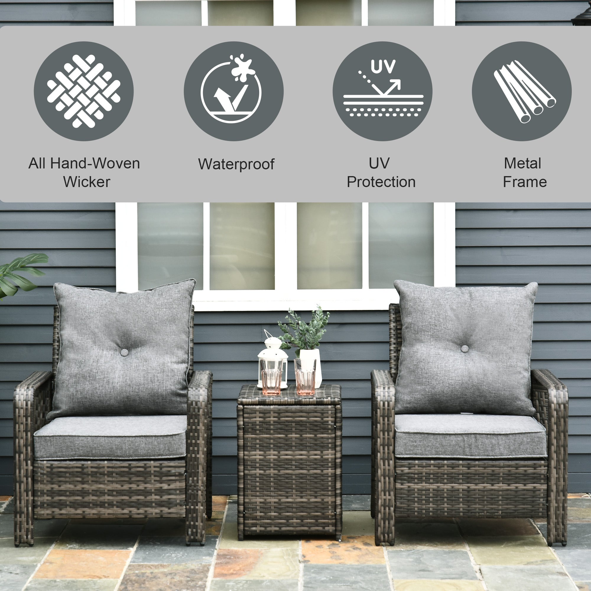 3 Piece Patio Furniture, PE Wicker Storage Table & Chairs, Gray Backyard Brillance