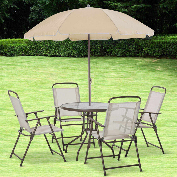 6-Piece Patio Dining Set With Umbrella, Folding Chairs &amp; Glass Table, Beige - Outdoor Meal Setup Backyard Brillance