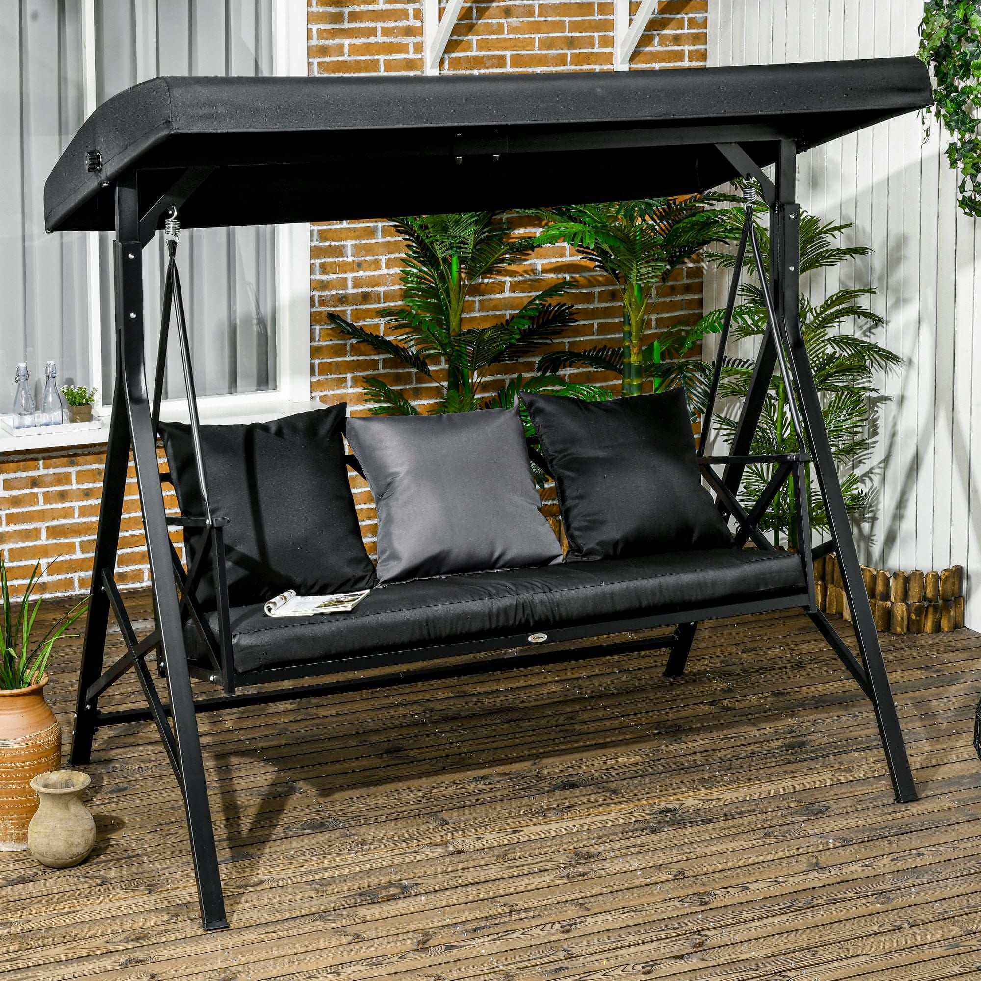 3-seat black patio swing chair with adjustable canopy, cushions, and throw pillows for outdoor porch and garden seating