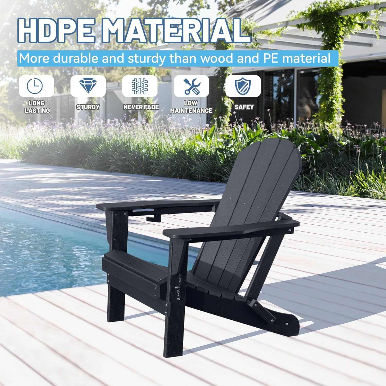 Black HDPE folding Adirondack chair with cup holder for outdoor patio and garden use