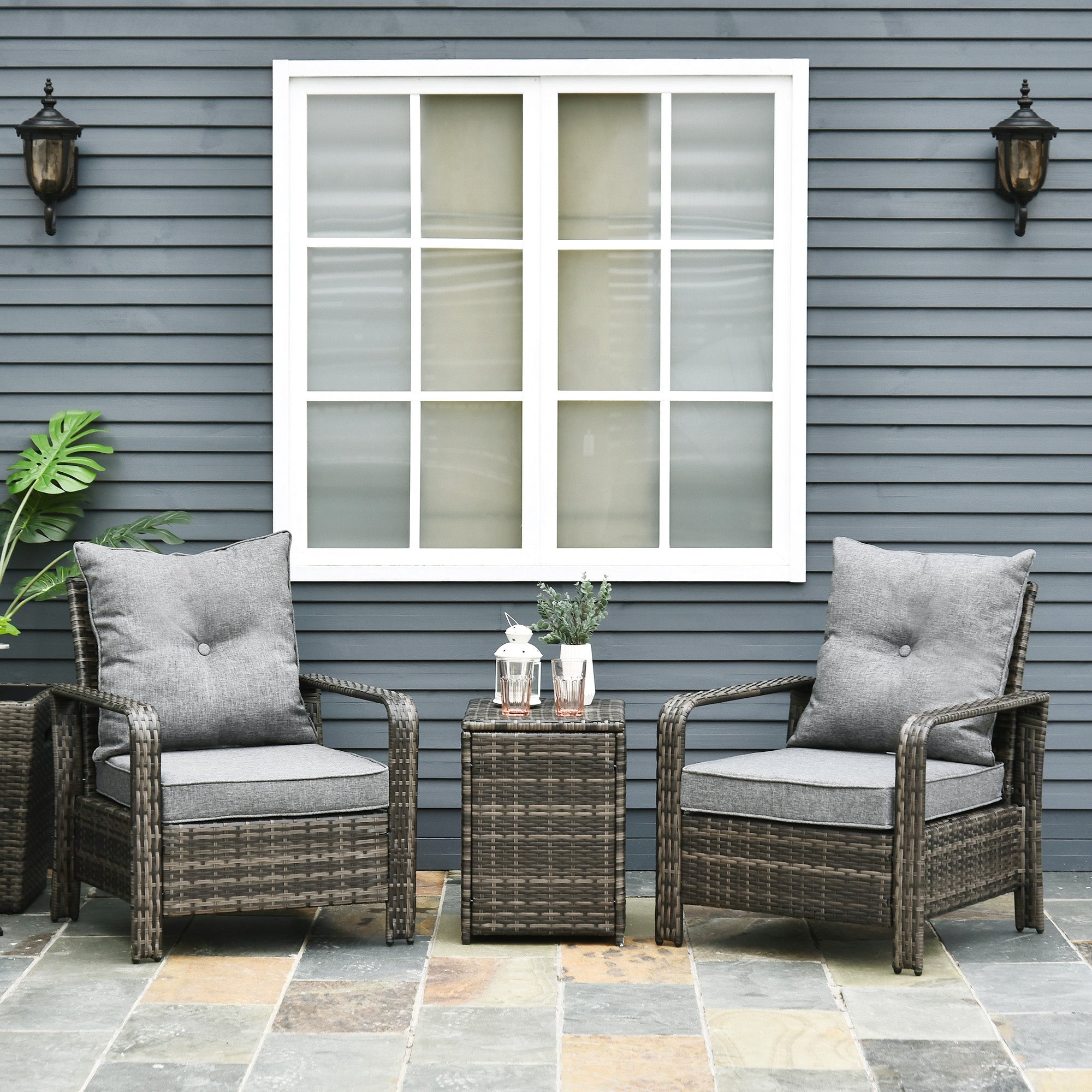 3 Piece Patio Furniture, PE Wicker Storage Table & Chairs, Gray Backyard Brillance
