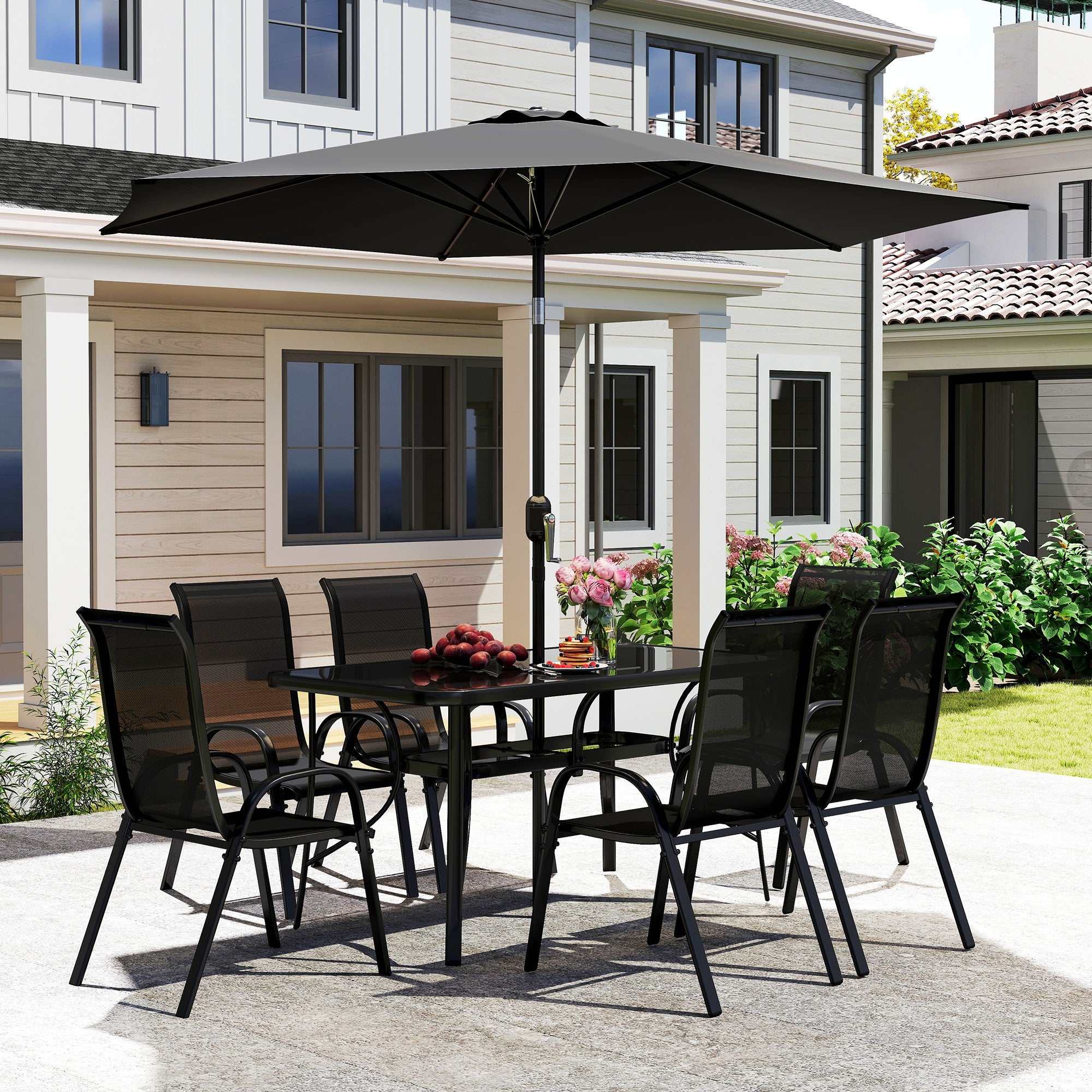 Black 8-piece patio furniture set with six mesh chairs, tempered glass dining table, and 9ft umbrella outdoors