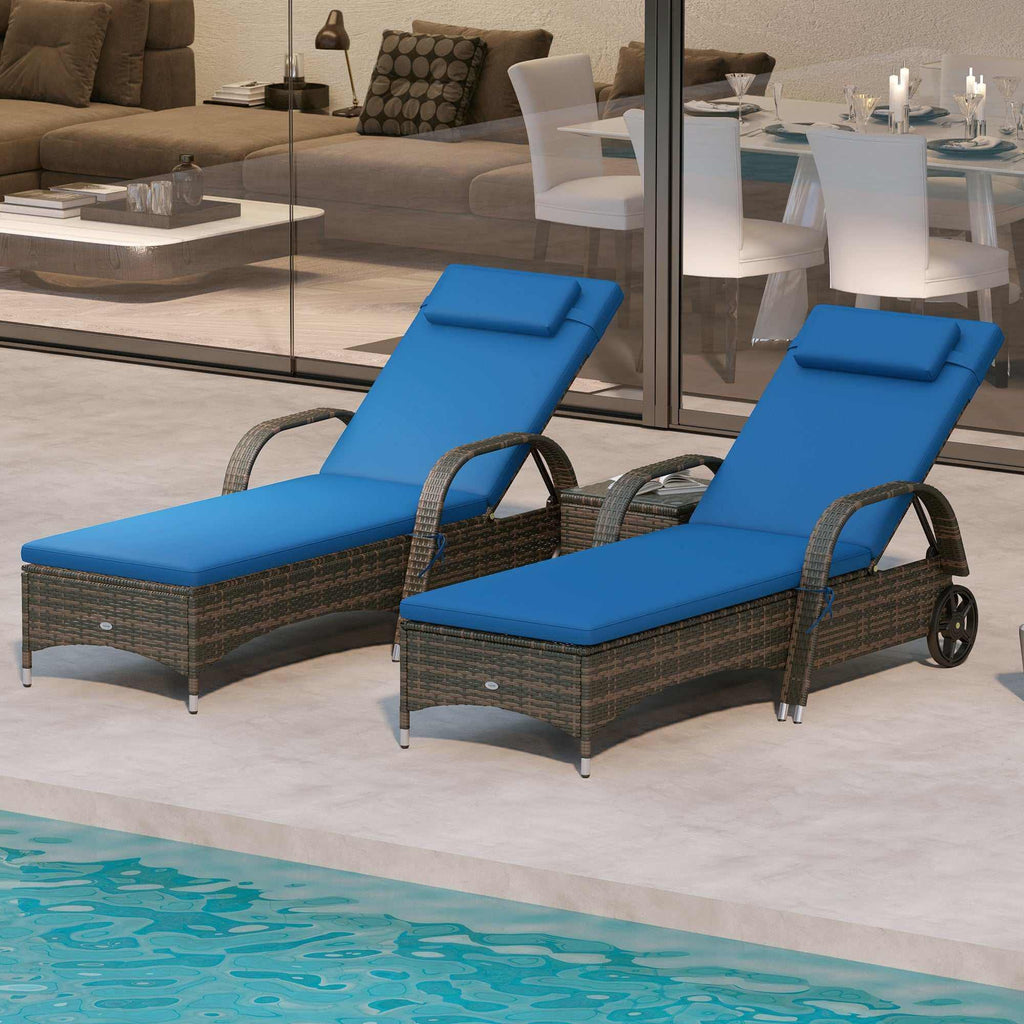 Patio Wicker Chaise Lounge Chair Set Of 2 With Table, Adjustable Backrest, Wheels, Cushion & Headrest, Blue Backyard Brillance