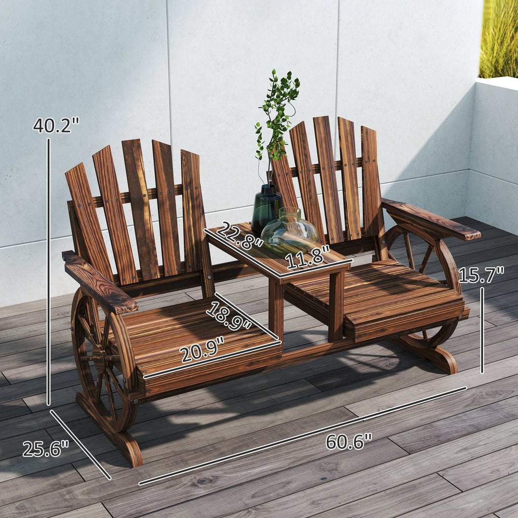 2-Seat Wooden Garden Bench With Table, Umbrella Hole, High Backrest, Armrests For Backyard, Patio, Garden, Carbonized Backyard Brillance