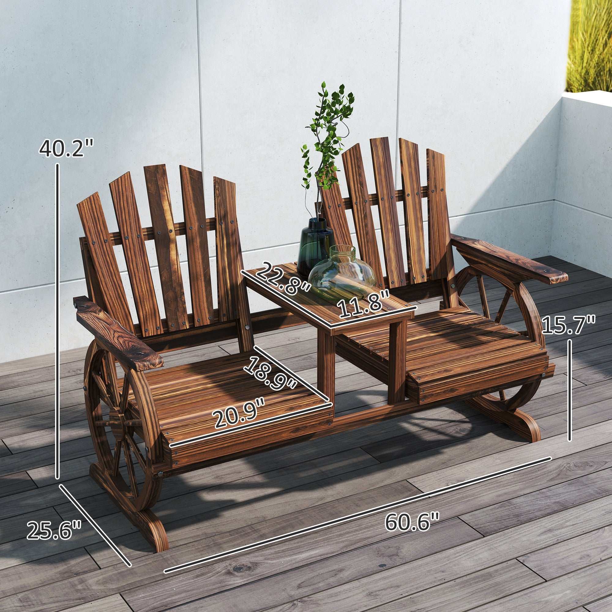 2-Seat Wooden Garden Bench With Table, Umbrella Hole, High Backrest, Armrests For Backyard, Patio, Garden, Carbonized Backyard Brillance