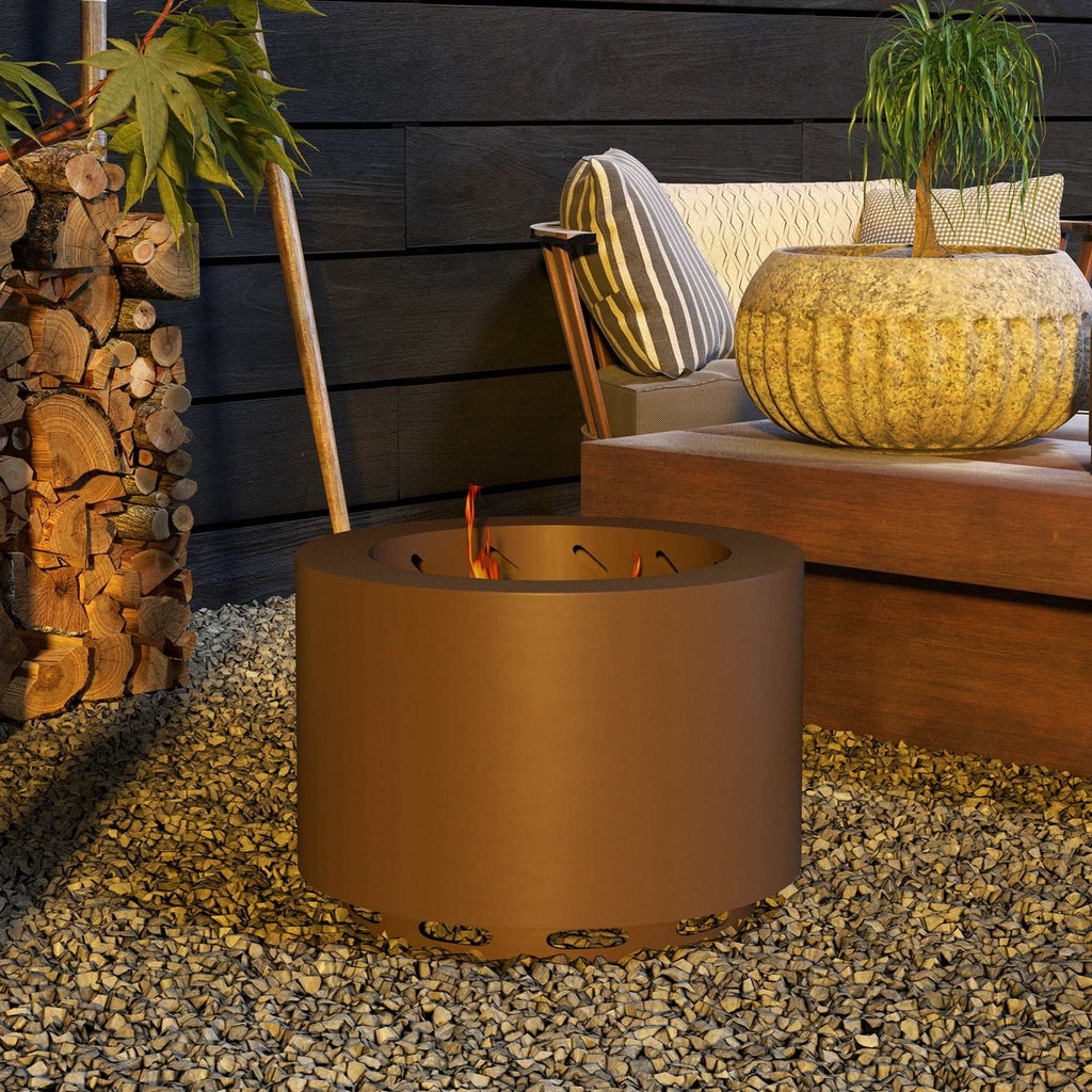 19-inch smokeless stainless steel fire pit with bronze finish and poker for outdoor use