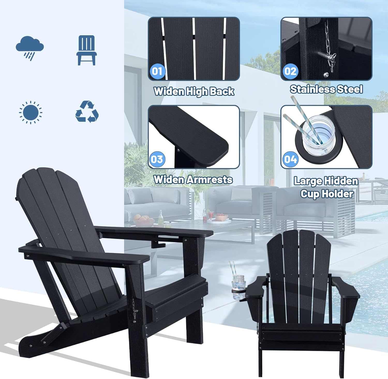 Black foldable Adirondack chair with cup holder made of weather-resistant HDPE for outdoor use