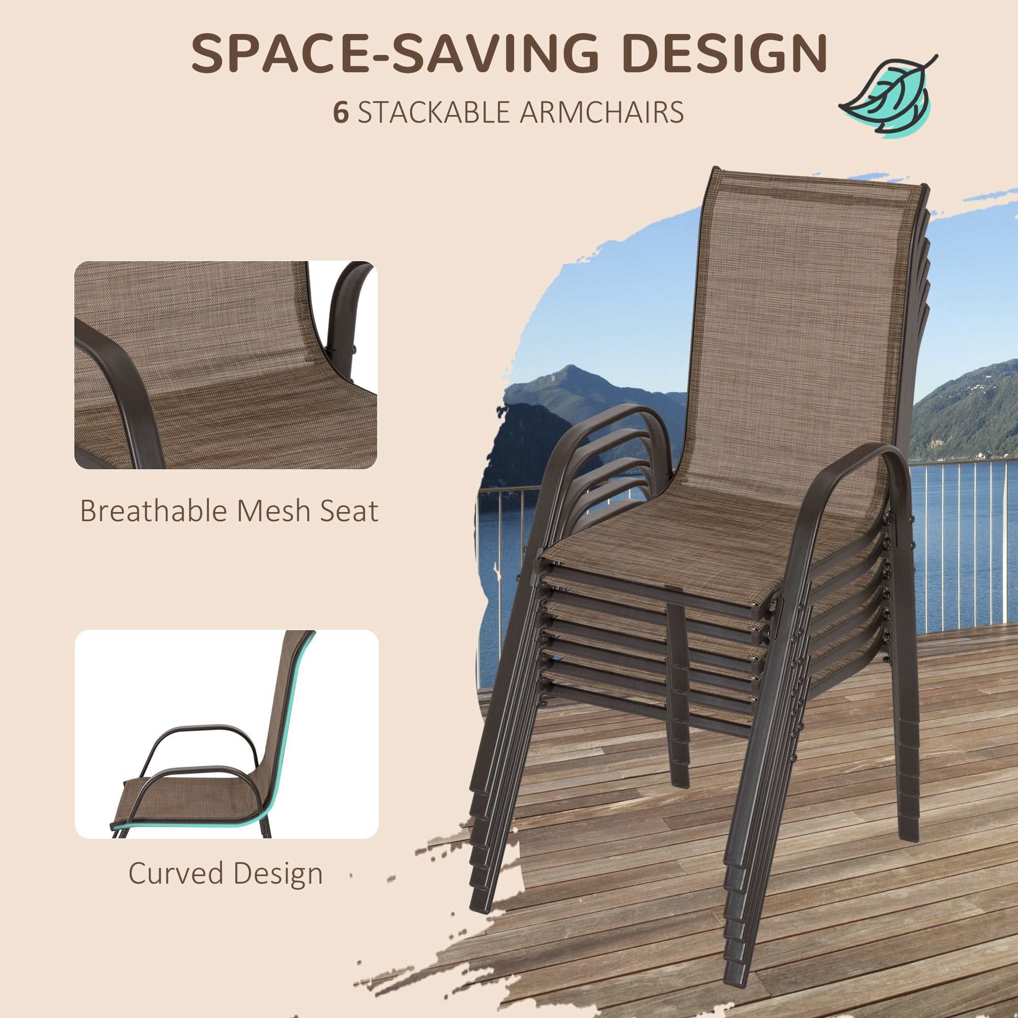 8-piece light mixed brown patio furniture set with stackable breathable mesh chairs and 9ft umbrella