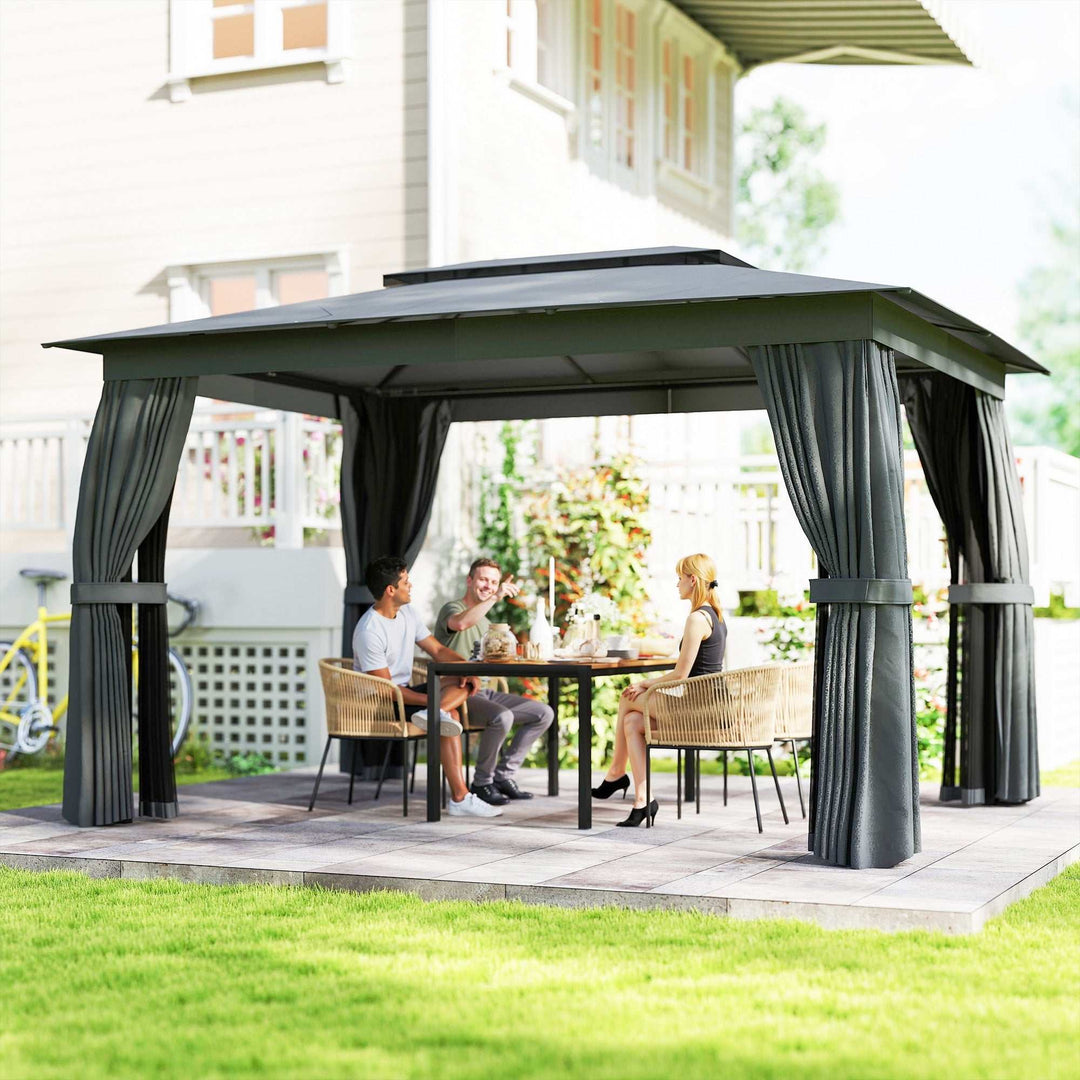 Black outdoor patio gazebo with double-tier roof and curtains in garden setting