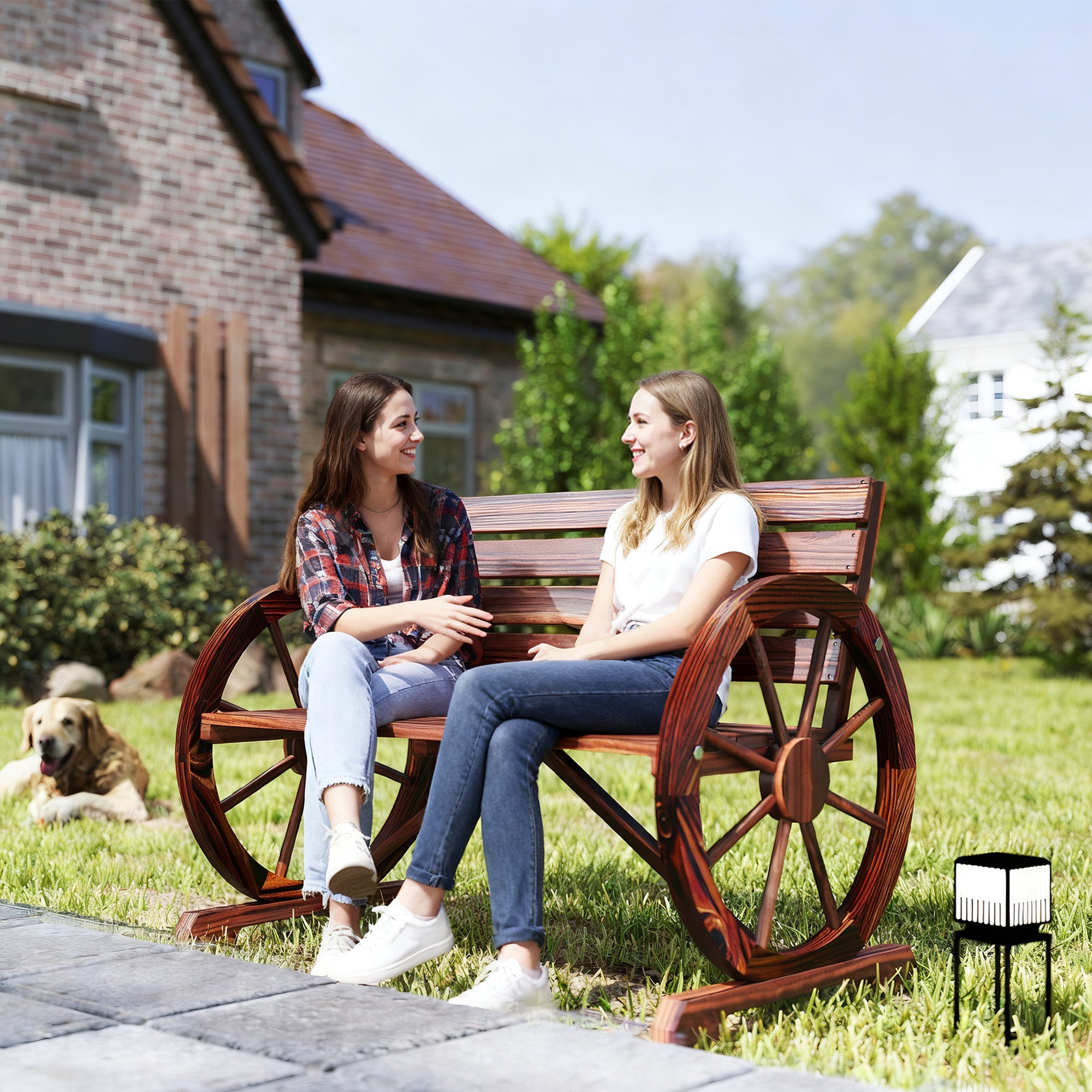 41" Wooden Wagon Wheel Bench with rustic carbonized fir wood and unique wagon wheel armrests for outdoor patio seating