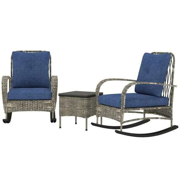 Gray rattan chaise lounge chair set with blue cushions and wicker side table