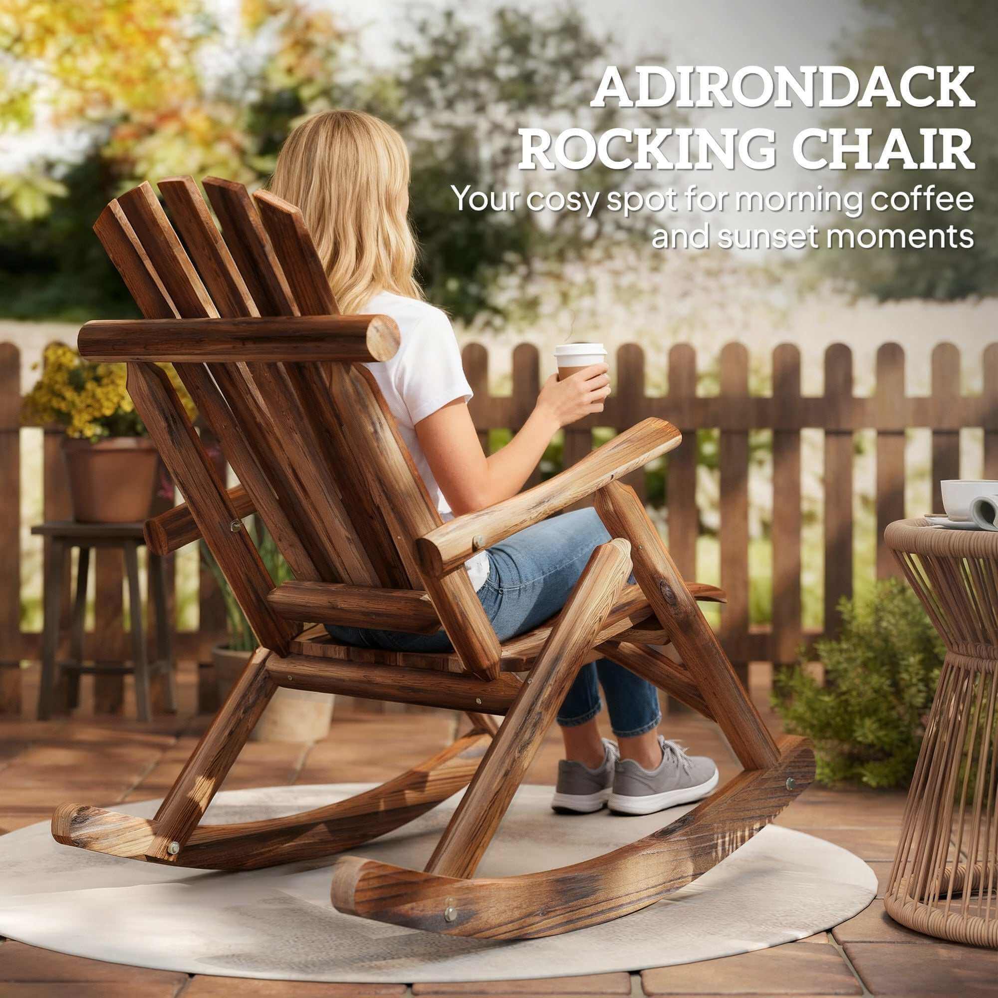 Carbonized fir wood outdoor wooden rocking chair with rustic high back and slatted seat