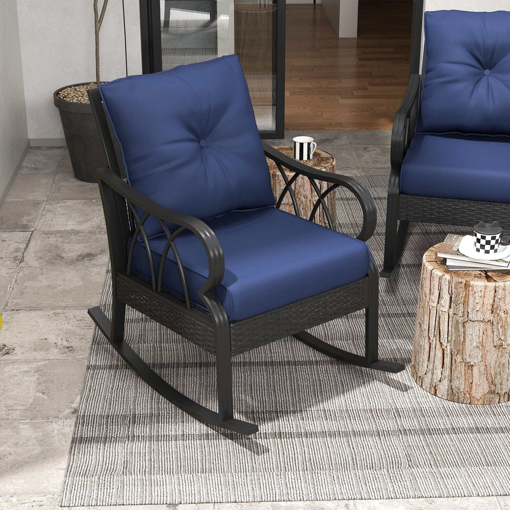 Set of 2 Outdoor Wicker Rocking Chairs with Aluminum Frame and Cushions on Porch