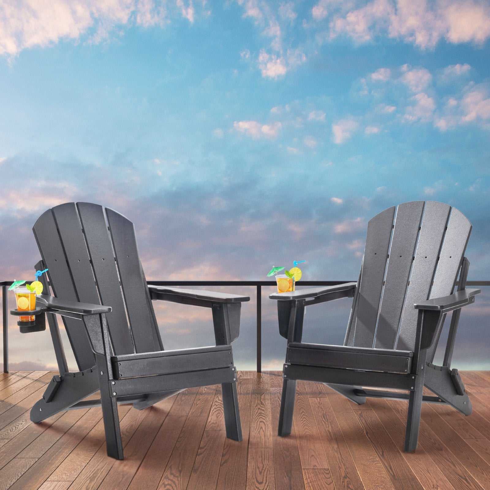 Set of 2 gray all-weather foldable Adirondack chairs for outdoor fire pit and patio seating
