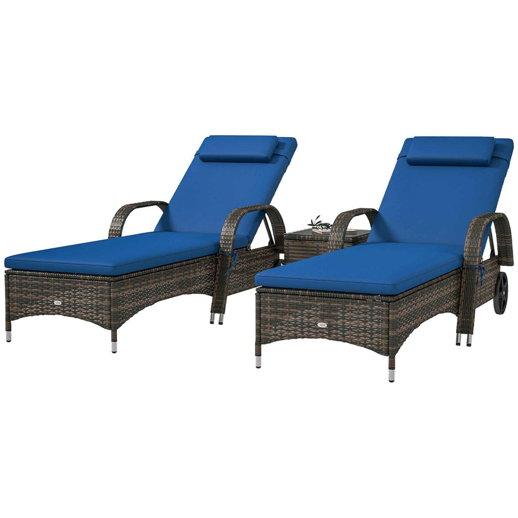 Patio Wicker Chaise Lounge Chair Set Of 2 With Table, Adjustable Backrest, Wheels, Cushion & Headrest, Blue Backyard Brillance