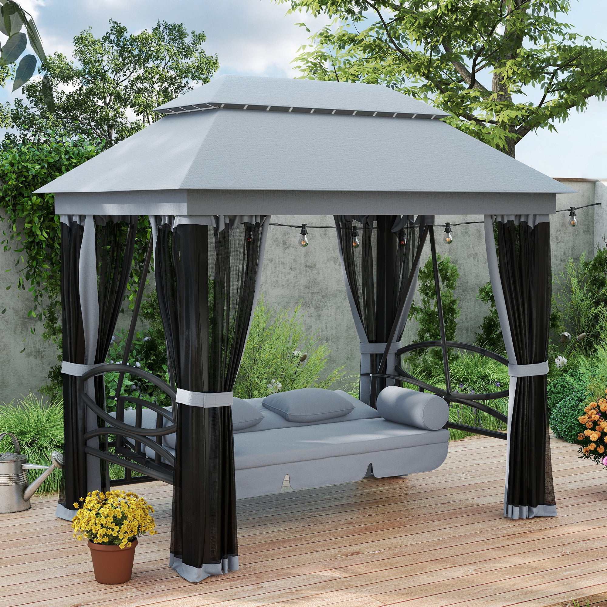3-Seat Patio Swing Chair, Outdoor Gazebo Swing With Double Tier Canopy, Mesh Sidewalls, Cushioned Seat And Pillows, Gray Backyard Brillance