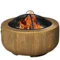 24-inch light brown metal outdoor fire pit with woodgrain design, spark cover, and poker for patio and backyard use