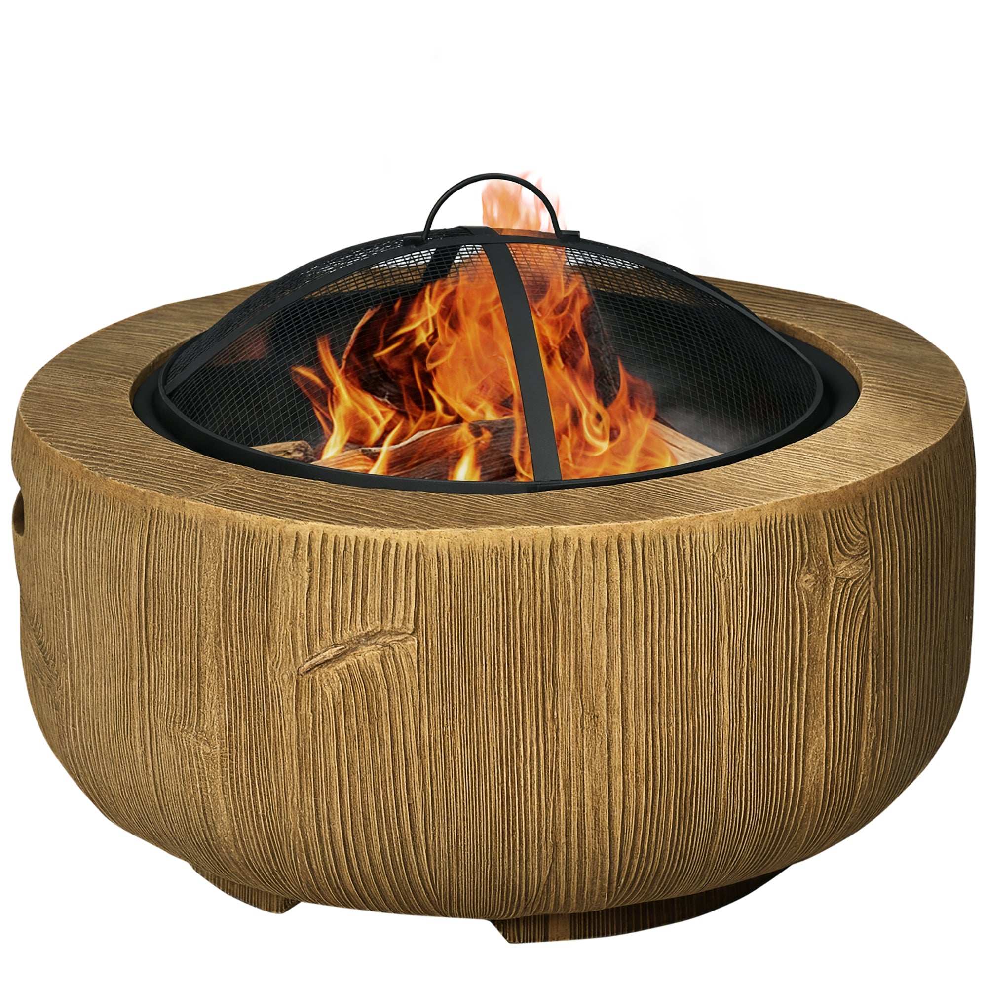 24-inch light brown metal outdoor fire pit with woodgrain design, spark cover, and poker for patio and backyard use