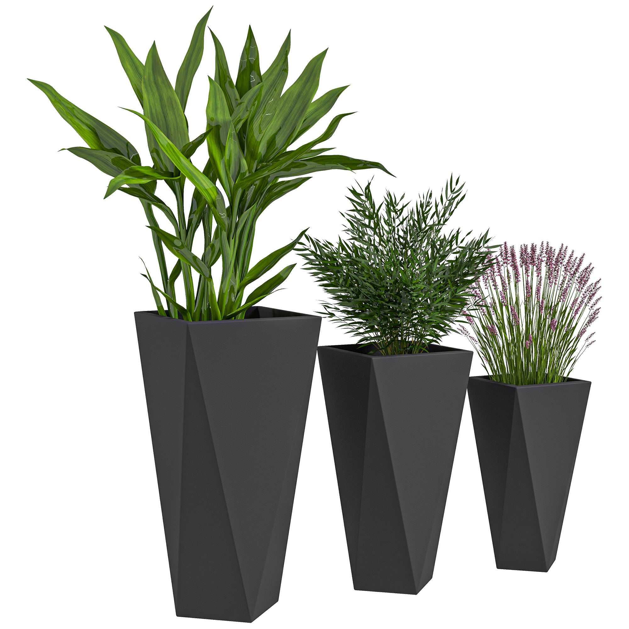 Set of 3 black indoor outdoor planters with tall stackable magnesium oxide pots and drainage holes