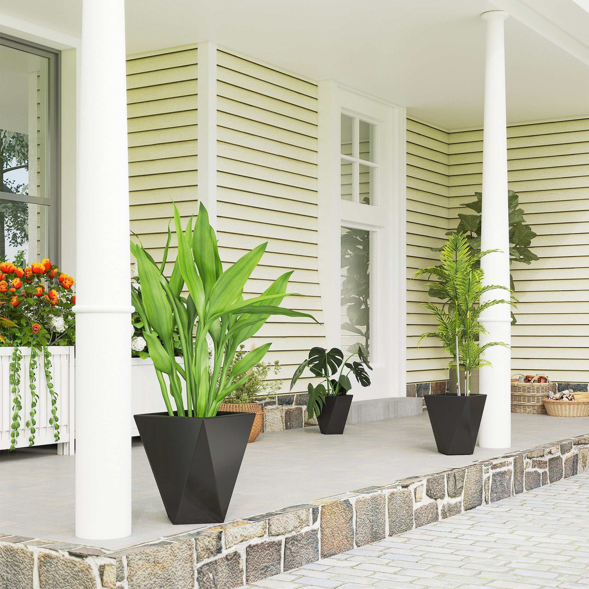 Set of 3 black stackable indoor outdoor planters with drainage holes and tall geometric design