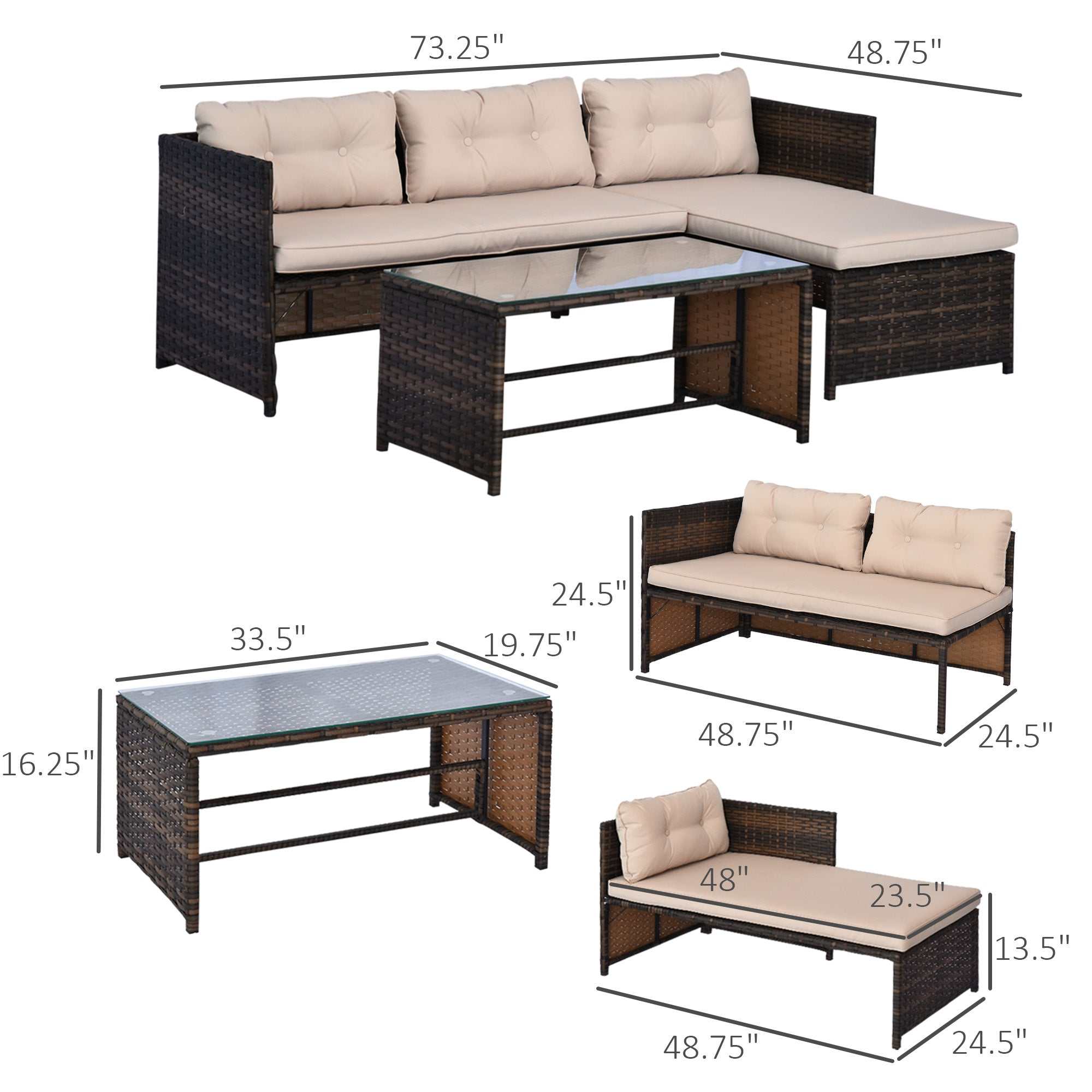 Beige 3 piece patio furniture set with rattan sectional sofa, chaise lounge, loveseat, soft cushions, and tempered glass coffee table outdoors
