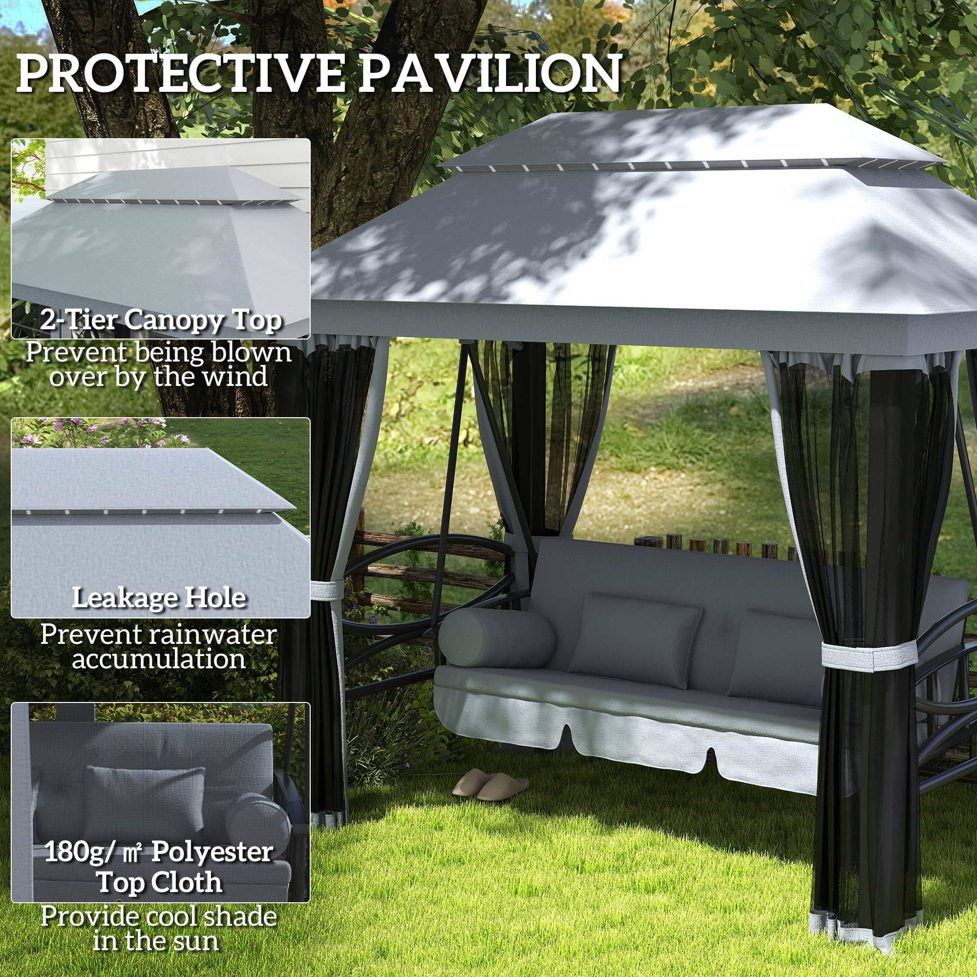 3-Seat Patio Swing Chair, Outdoor Gazebo Swing With Double Tier Canopy, Mesh Sidewalls, Cushioned Seat And Pillows, Gray Backyard Brillance