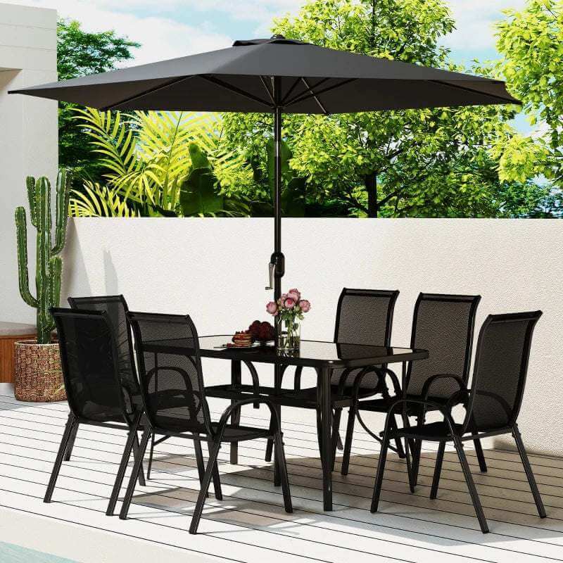 Black 8-piece patio furniture set with outdoor dining table, six chairs, and 9ft adjustable umbrella