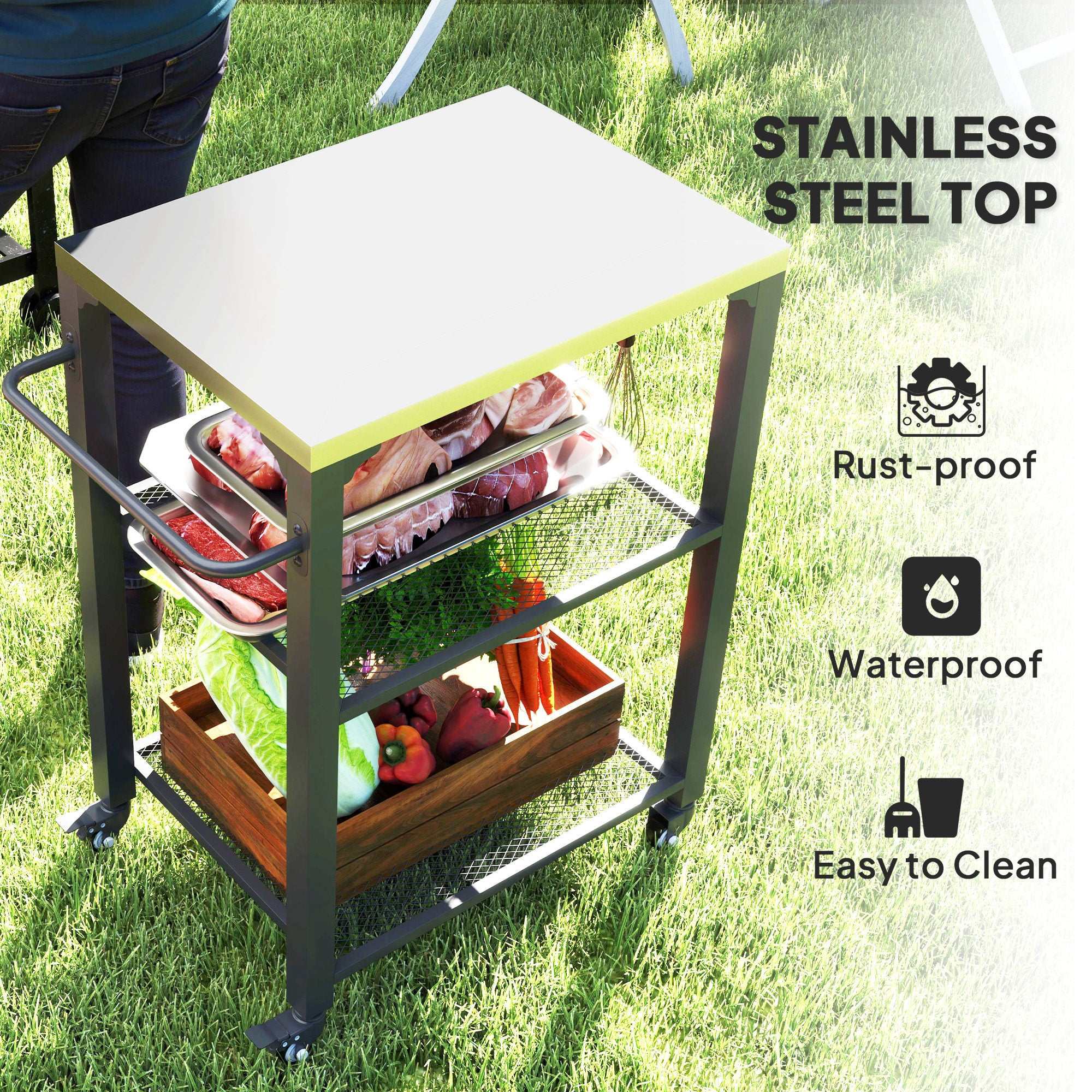 3-shelf outdoor grill cart with stainless steel tabletop, hooks, side handle, and wheels for mobile cooking station