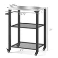 3-shelf stainless steel outdoor grill cart with wheels, hooks, and side handle for pizza ovens and grills