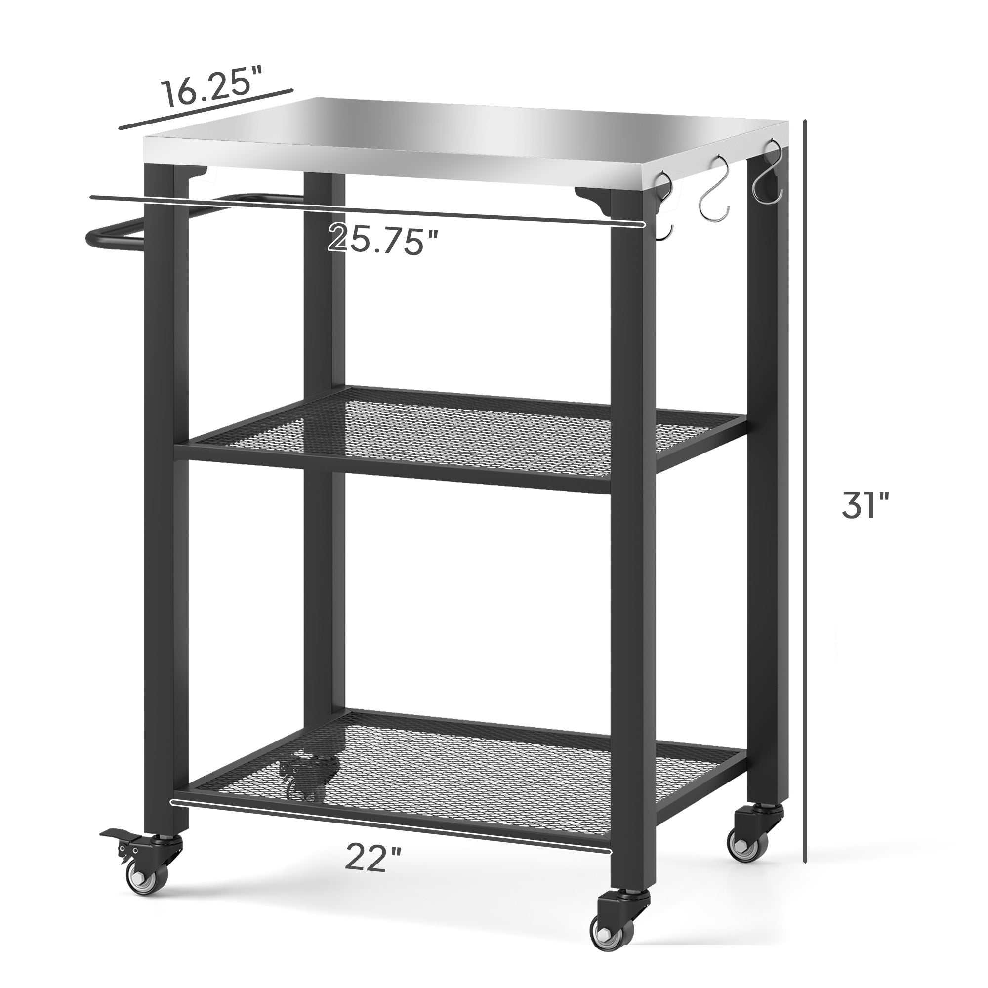 3-shelf stainless steel outdoor grill cart with wheels, hooks, and side handle for pizza ovens and grills