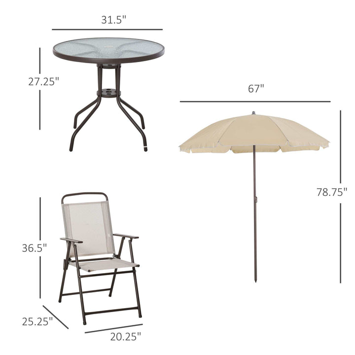 6-Piece Patio Dining Set With Umbrella, Folding Chairs &amp; Glass Table, Beige - Outdoor Meal Setup Backyard Brillance