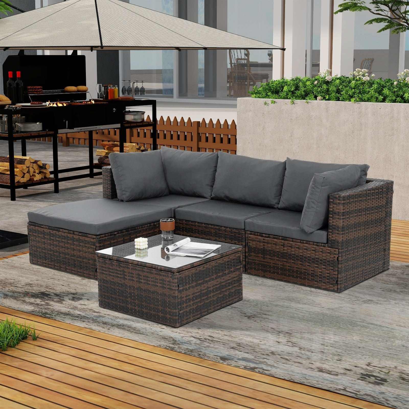 Patio Furniture, Outdoor Furniture, Seasonal PE Wicker Furniture, 5 Set Wicker Furniture With Temper Backyard Brillance