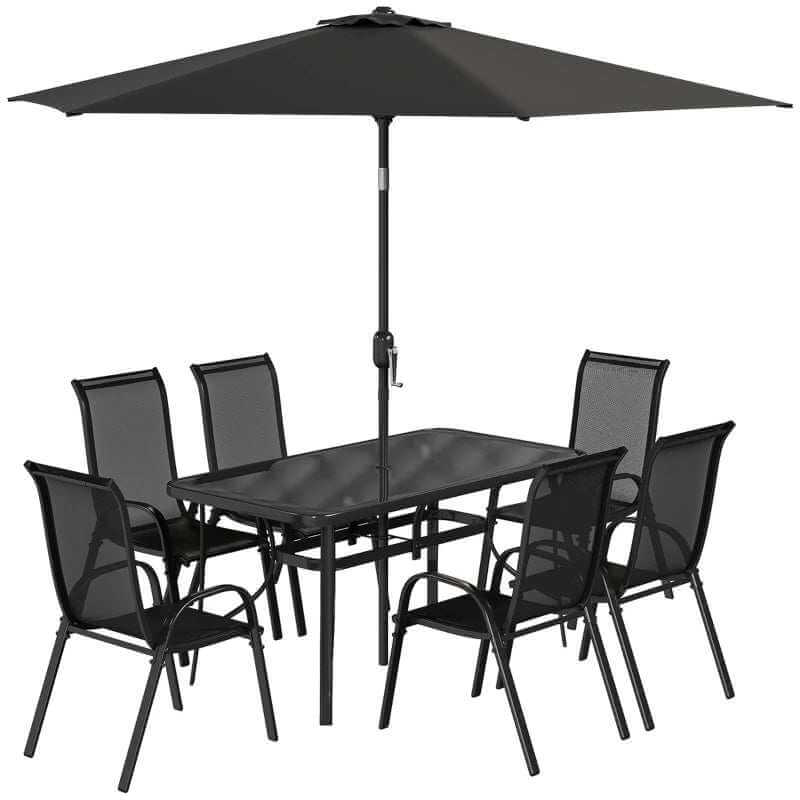 Black 8-piece patio furniture set with dining table, six chairs, and 9ft umbrella outdoors