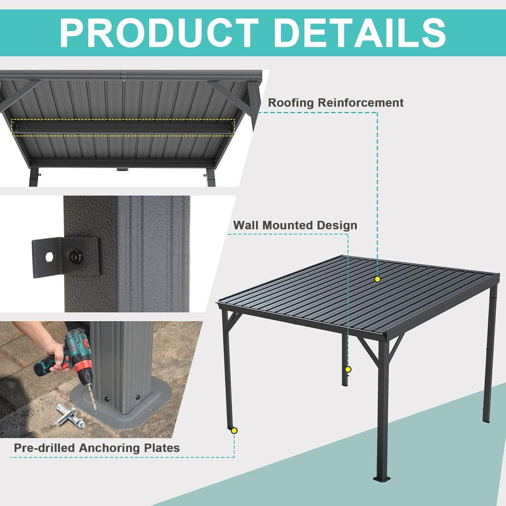 10x10 Lean To Gazebo Featuring Hardtop Galvanized Roof ShipItFurniture