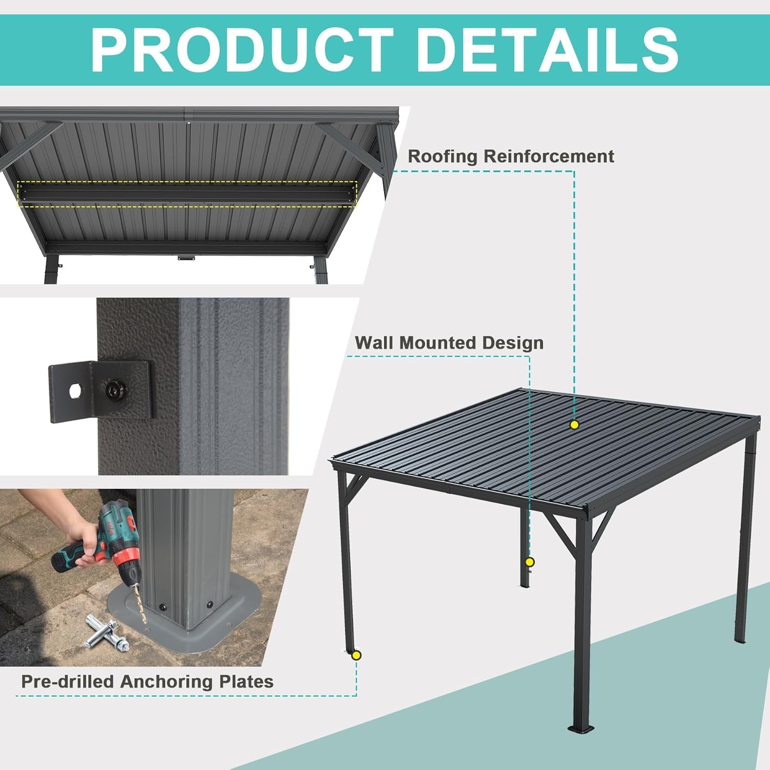 10x10 Lean To Gazebo Featuring Hardtop Galvanized Roof ShipItFurniture