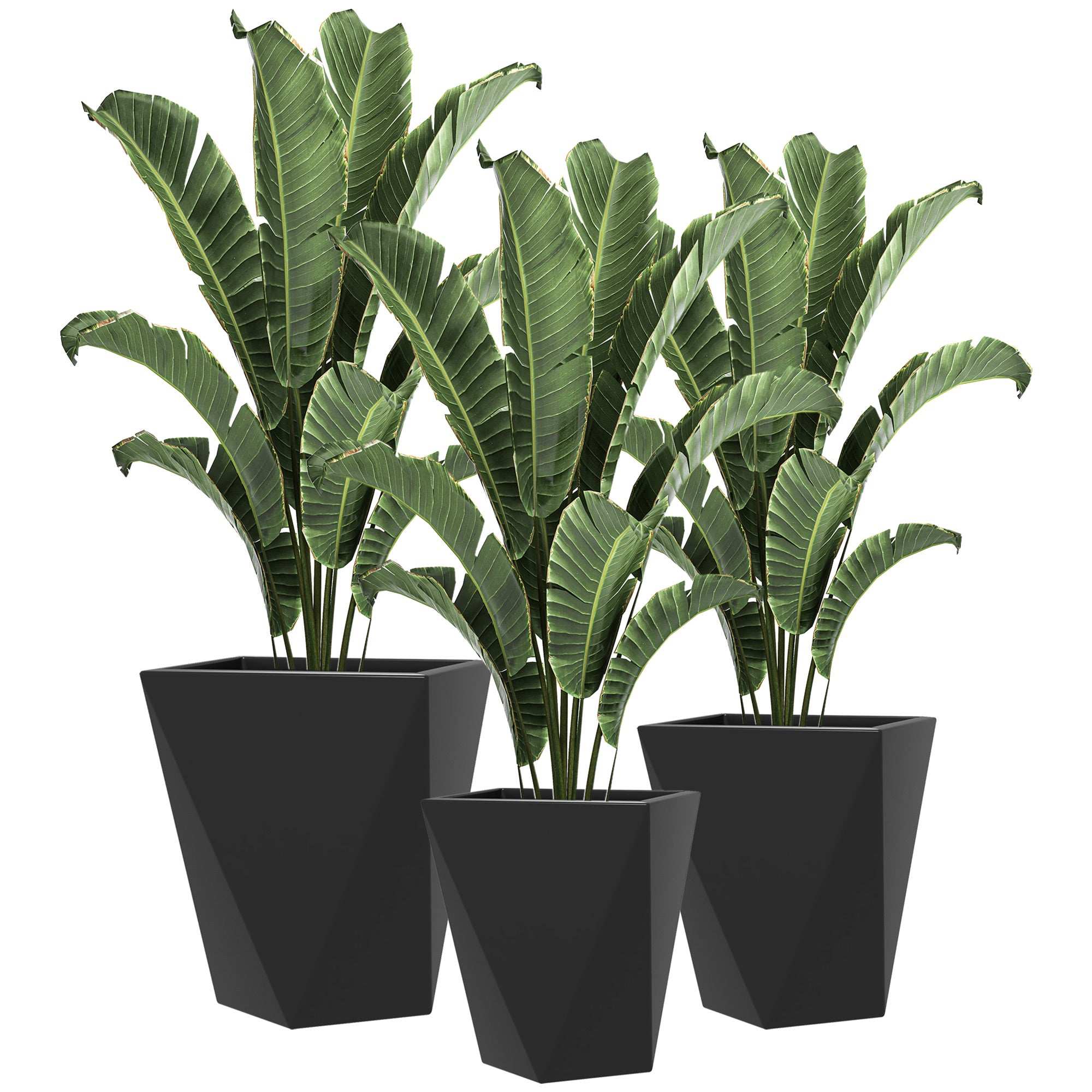 Set of 3 black stackable indoor outdoor planters with drainage holes made of magnesium oxide