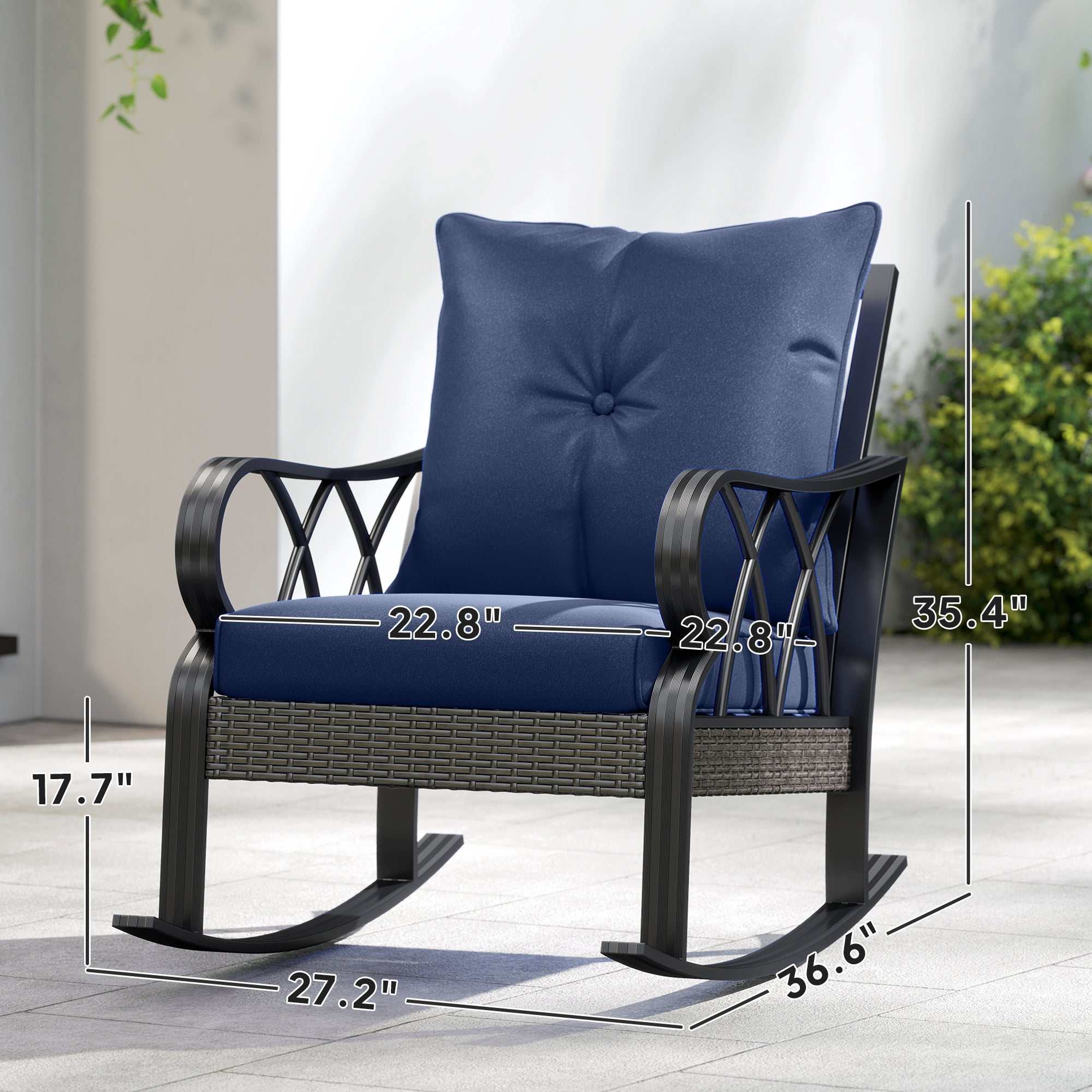 Set of 2 blue outdoor wicker rocking chairs with cushions and aluminum frame for patio and garden